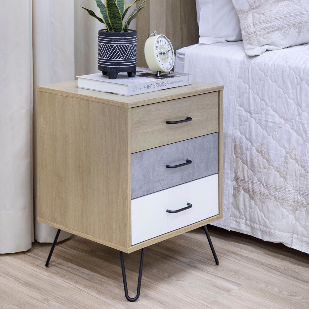 Harper 24 Inch Handcrafted Modern Tricolor Wood Nightstand, 3 Drawers, Metal Hairpin Legs, Oak, White, Gray By The Urban Port