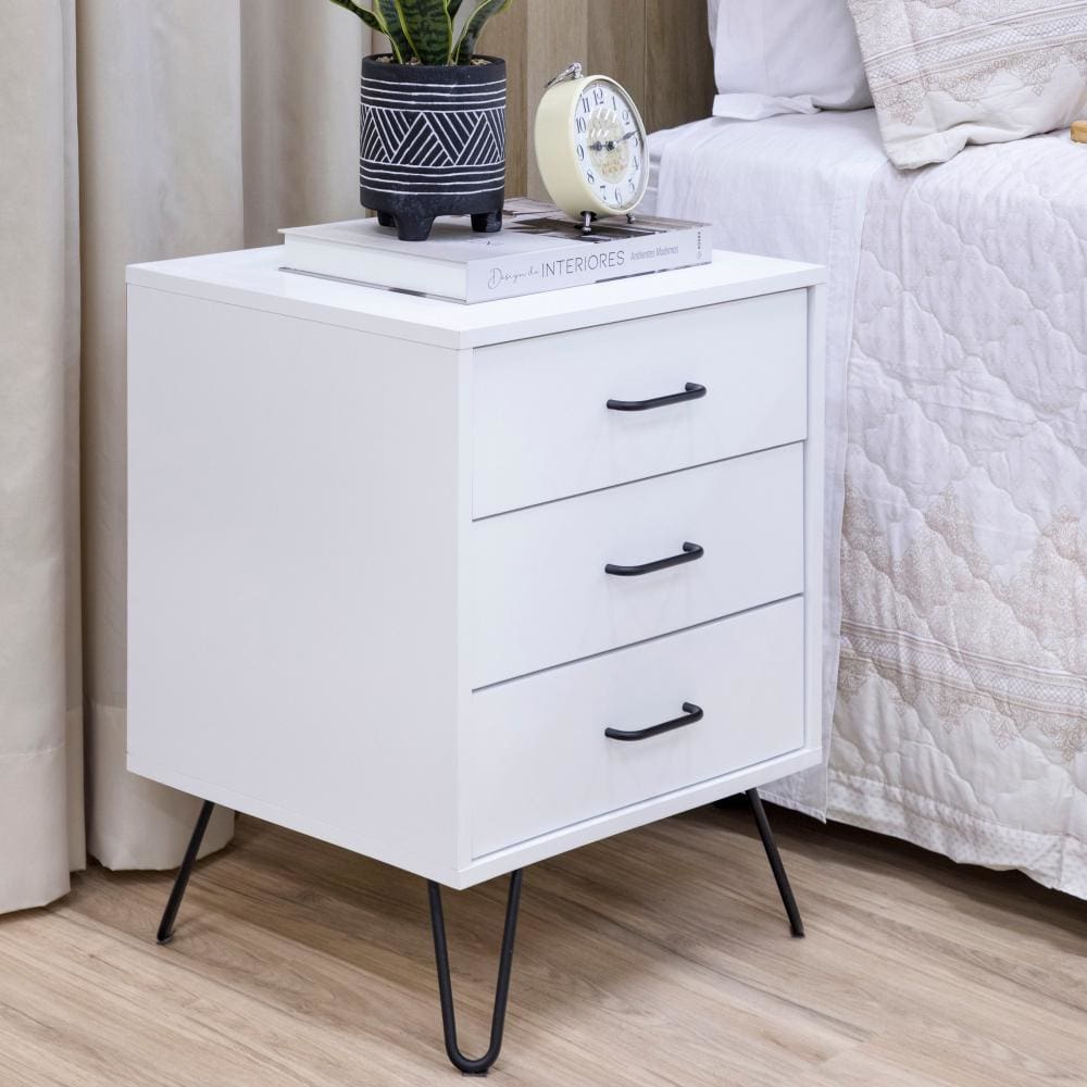 Harper 24 Inch Handcrafted Modern Wood Nightstand, 3 Drawers, Metal Hairpin Legs, White By The Urban Port