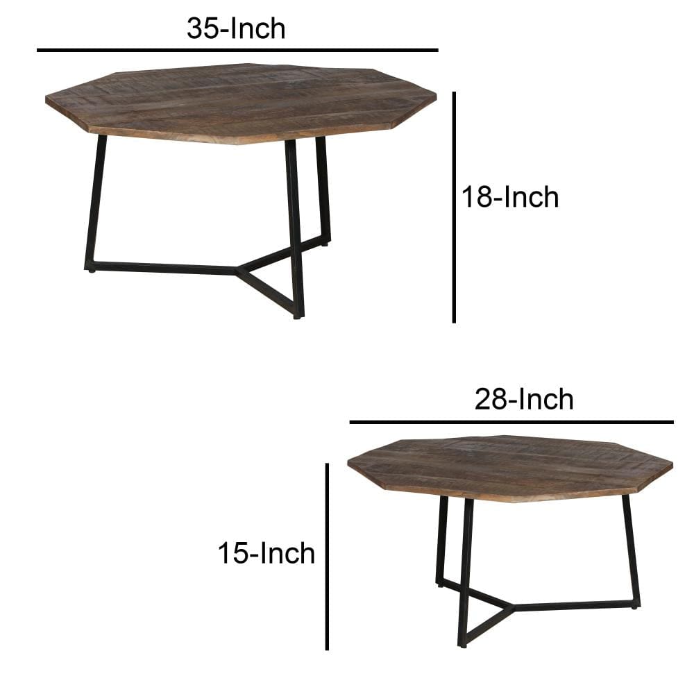 35 28 Inch 2 Piece Nesting Coffee Table Set Octagon Top Mango Wood Brown and Black By The Urban Port UPT-262386