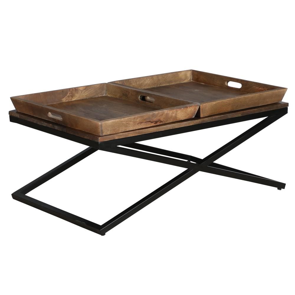 38 Inch Rectangular Mango Wood Farmhouse Coffee Table 2 Trays X Iron Base Brown and Black By The Urban Port UPT-262389