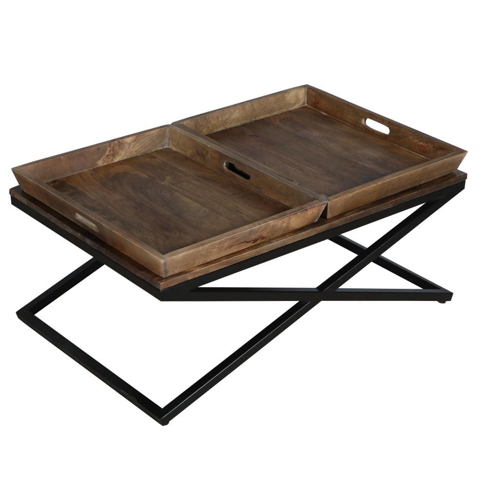 38 Inch Rectangular Mango Wood Farmhouse Coffee Table 2 Trays X Iron Base Brown and Black By The Urban Port UPT-262389