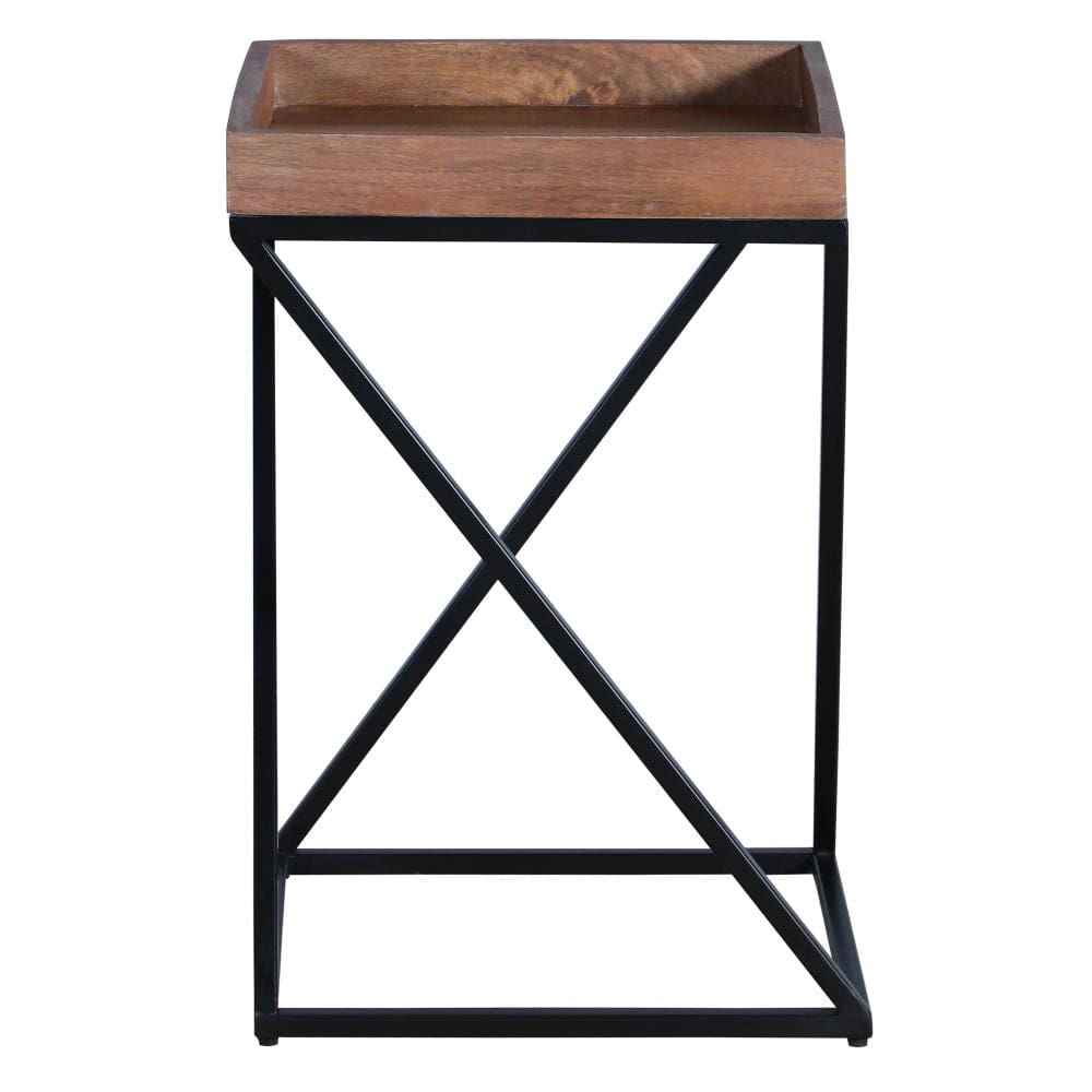 22 Inch Industrial End Side Table with Mango Wood Tray Top X Shape Iron Frame Brown Black By The Urban Port UPT-262393