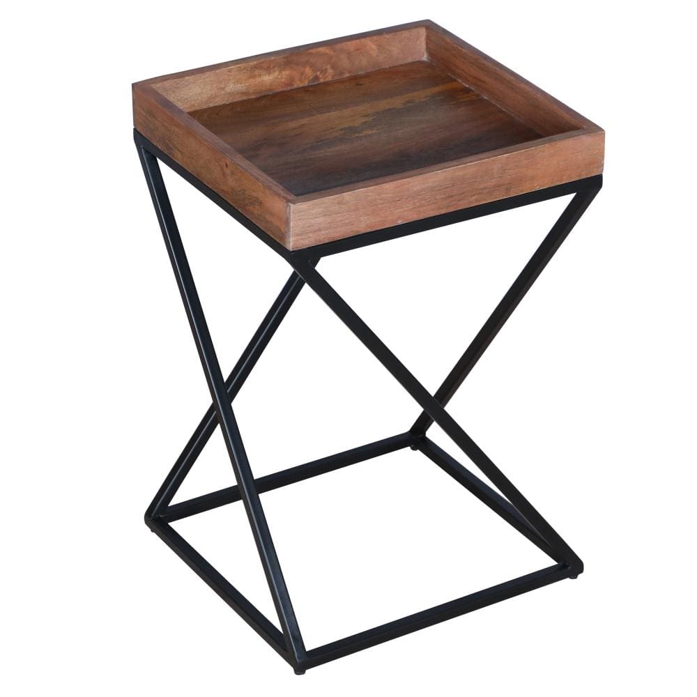22 Inch Industrial End Side Table with Mango Wood Tray Top X Shape Iron Frame Brown Black By The Urban Port UPT-262393