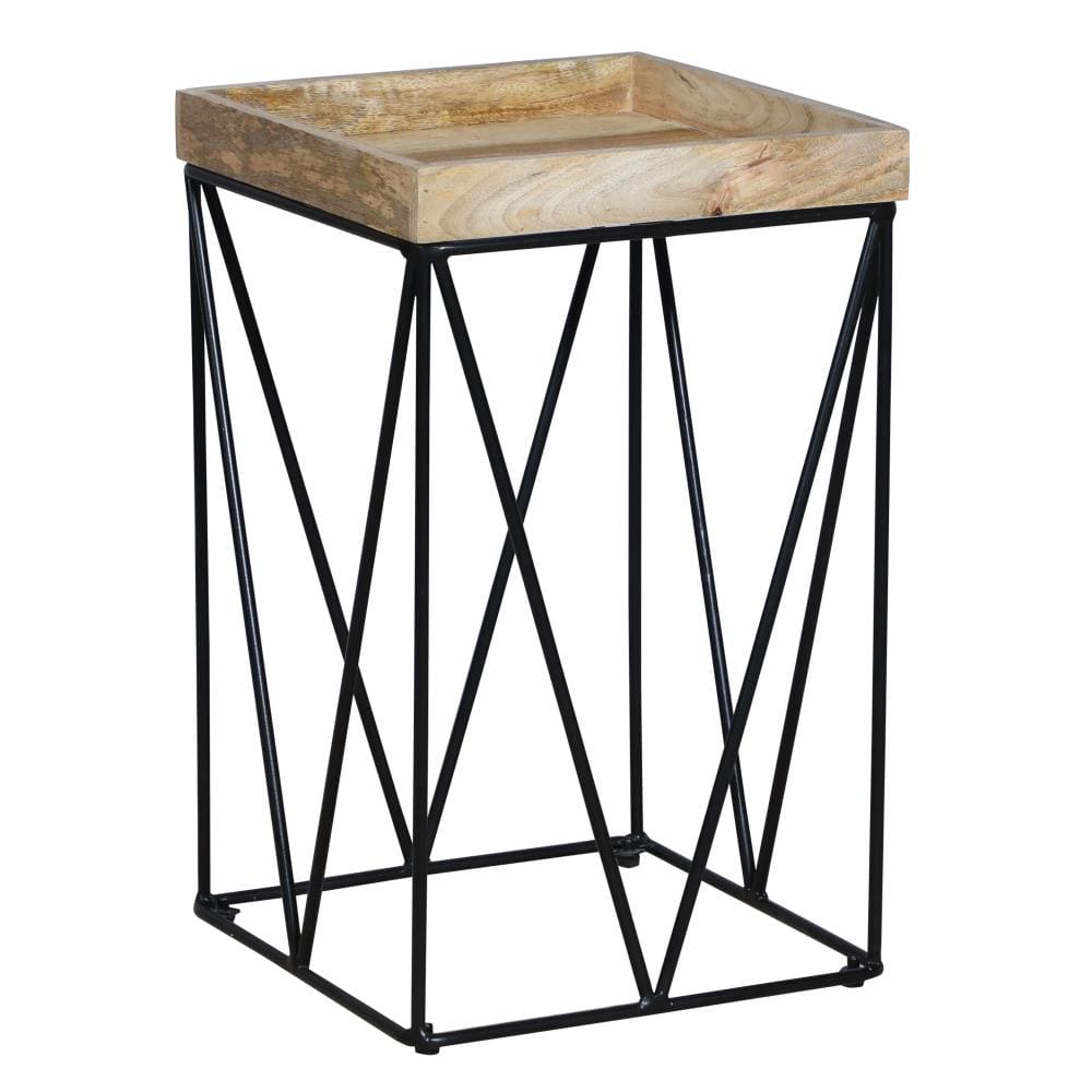 24 Inch Industrial End Side Table Mango Wood Square Tray Top V Shape Iron Accent Brown Black By The Urban Port UPT-262395