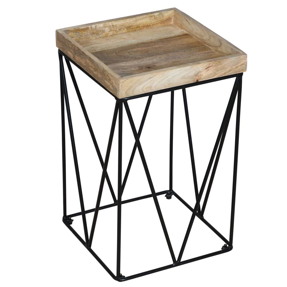 24 Inch Industrial End Side Table Mango Wood Square Tray Top V Shape Iron Accent Brown Black By The Urban Port UPT-262395