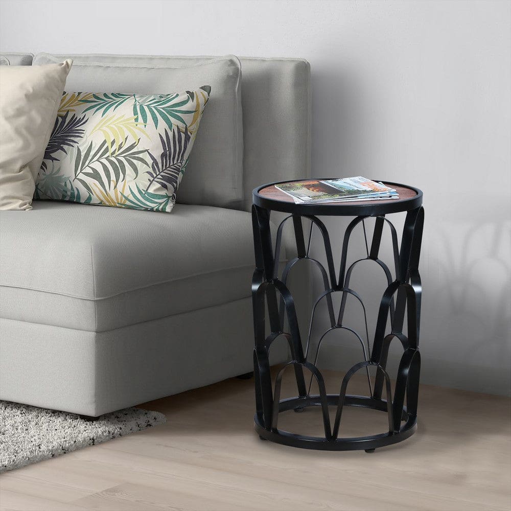 23 Inch End Side Table Round Mango Wood Top Lattice Cut Out Iron Frame Brown Black By The Urban Port UPT-262397