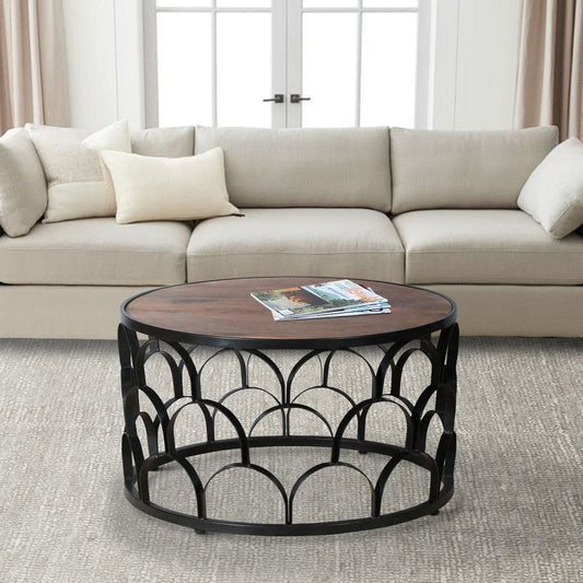 32 Inch Round Coffee Table, Mango Wood Top, Lattice Cut Out Metal Frame, Brown, Black By The Urban Port