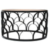 32 Inch Round Coffee Table Mango Wood Top Lattice Cut Out Metal Frame Brown Black By The Urban Port UPT-262398