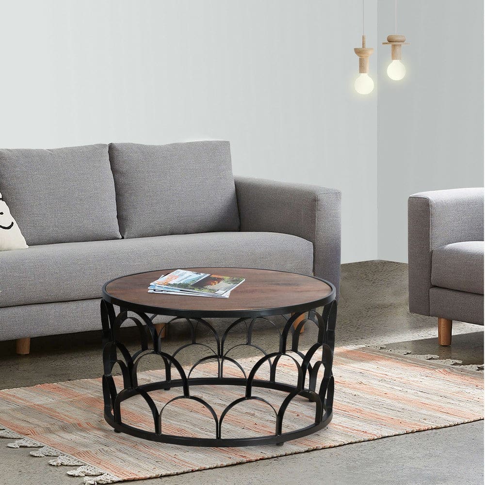 32 Inch Round Coffee Table Mango Wood Top Lattice Cut Out Metal Frame Brown Black By The Urban Port UPT-262398