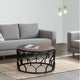 32 Inch Round Coffee Table Mango Wood Top Lattice Cut Out Metal Frame Brown Black By The Urban Port UPT-262398