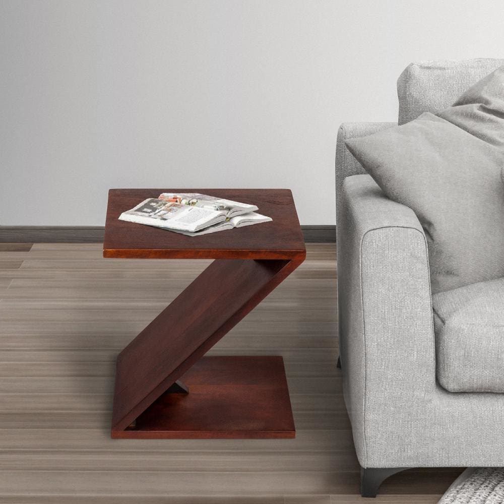Mango Wood Side Table with Z Shaped Design Dark Oak Brown By The Urban Port UPT-262409