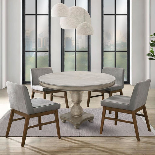 42 Inch Handcrafted Mango Wood Dining Table, Pedestal Base, Round Molded Top, Washed White, Gray By The Urban Port