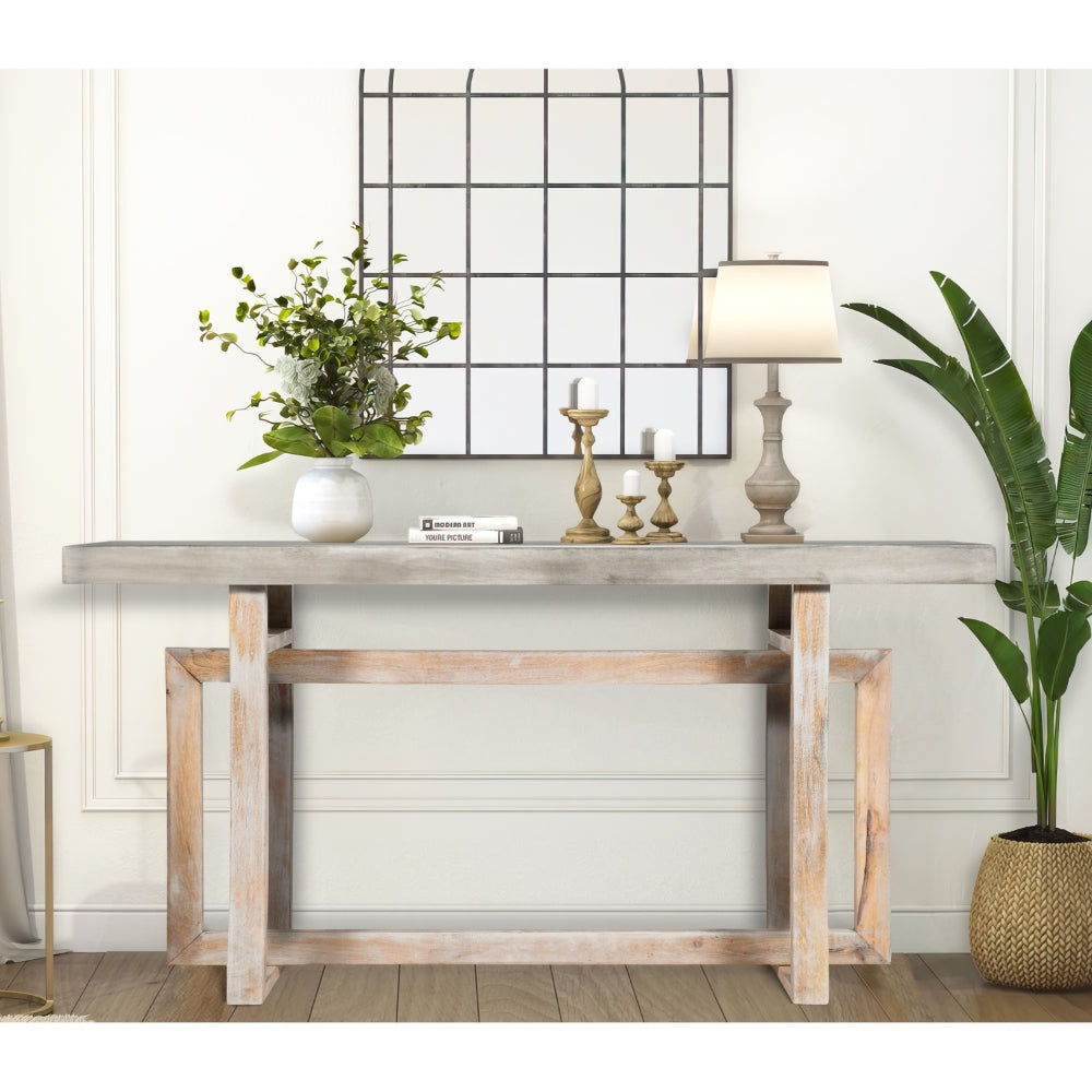 59 Inch Artisan Crafted Farmhouse Console Table with Geometric Interlocked Base, Rustic Light Brown By The Urban Port