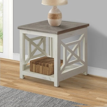 Solid Wood Farmhouse End Table with X Shape Side Panels, White and Brown By The Urban Port