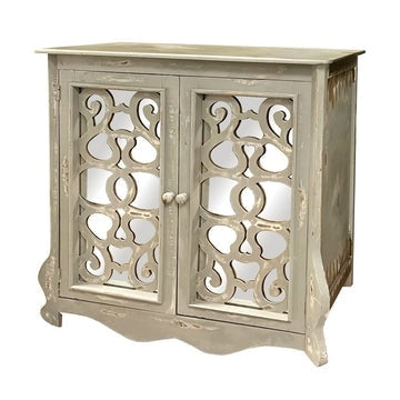 Storage Console with 2 Doors and Scrolled Mirror Trim, Antique White and Silver By The Urban Port