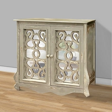 Storage Console with 2 Doors and Scrolled Mirror Trim, Antique White and Silver By The Urban Port