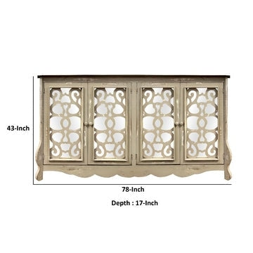 Storage Console with 4 Doors and Scrolled Mirror Trim Antique White and Silver By The Urban Port UPT-262894