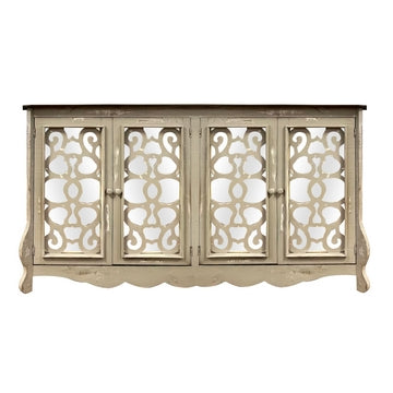Storage Console with 4 Doors and Scrolled Mirror Trim, Antique White and Silver By The Urban Port