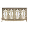 Storage Console with 4 Doors and Scrolled Mirror Trim, Antique White and Silver By The Urban Port