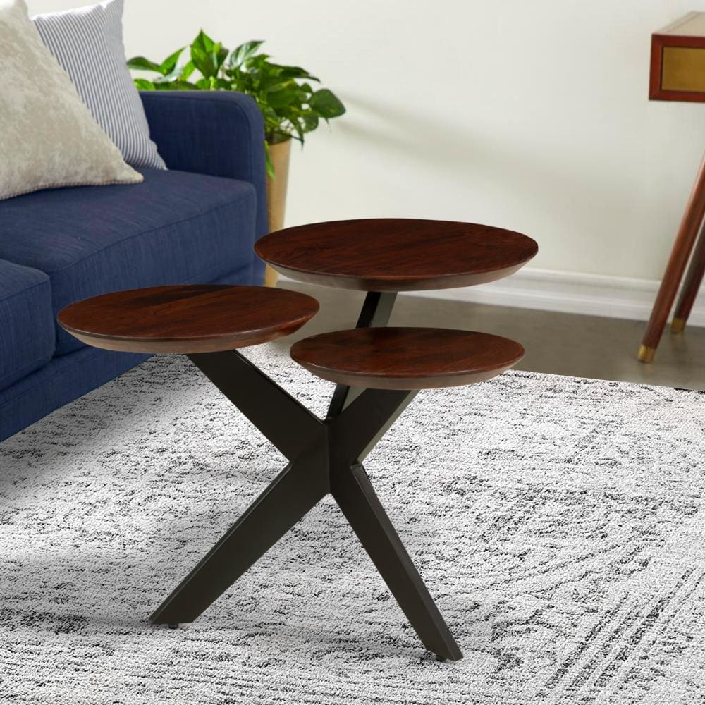 Modern Coffee Table with 3 Tier Wooden Top and Boomerang Legs, Brown and Black By The Urban Port