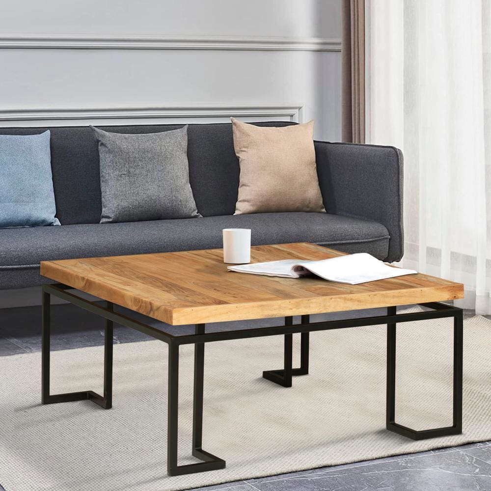 Square Coffee Table with Wooden Top and Geometric Frame Brown and Black By The Urban Port UPT-263264