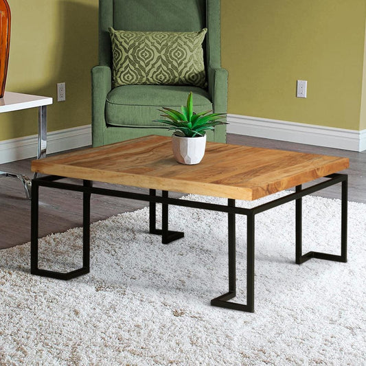 Square Coffee Table with Wooden Top and Geometric Frame, Brown and Black By The Urban Port
