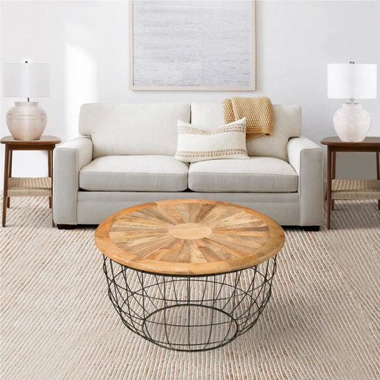 Round Mango Wood Coffee Table with Wooden Top and Nesting Basket Frame, Brown and Black By The Urban Port