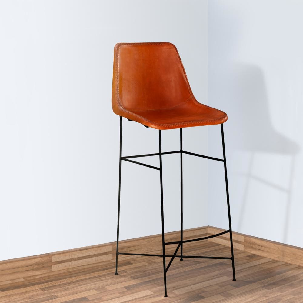 Bar Height Chair with Genuine Leather Upholstery Tubular Frame Tan Brown Black By The Urban Port UPT-263267