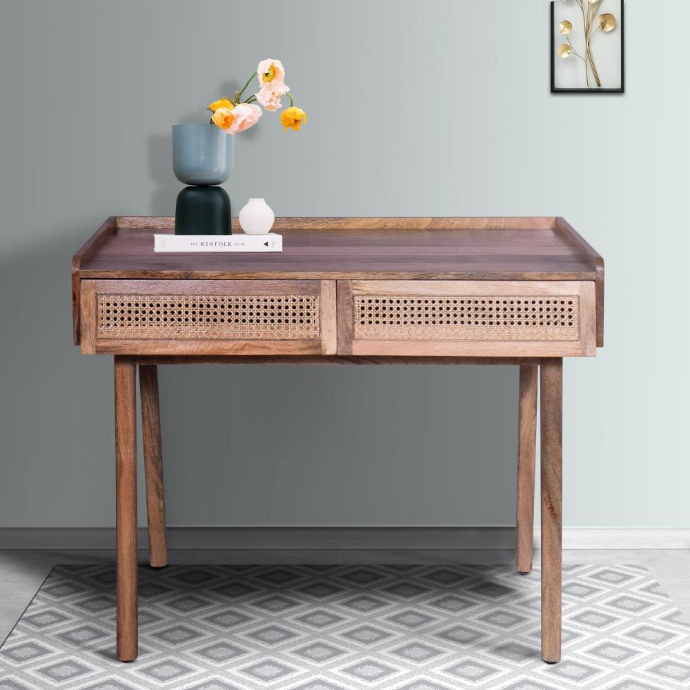 39 Inch Handcrafted Mango Wood Farmhouse Writing Desk, 2 Rattan Front Drawers, Oak Brown By The Urban Port