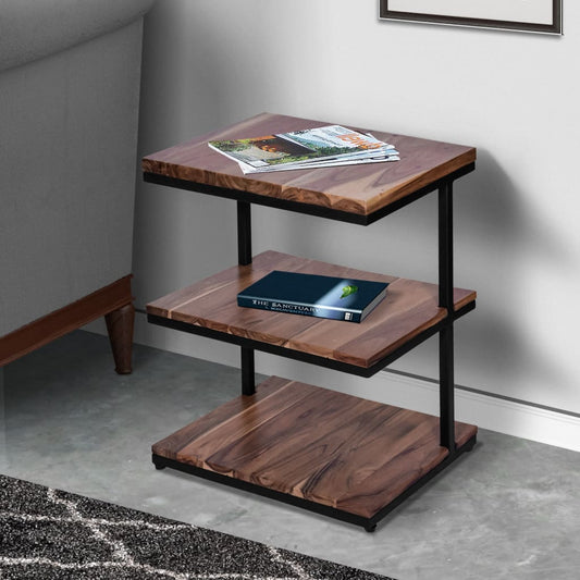Industrial End Table with 3 Tier Wooden Shelves and Metal Frame, Brown and Black By The Urban Port