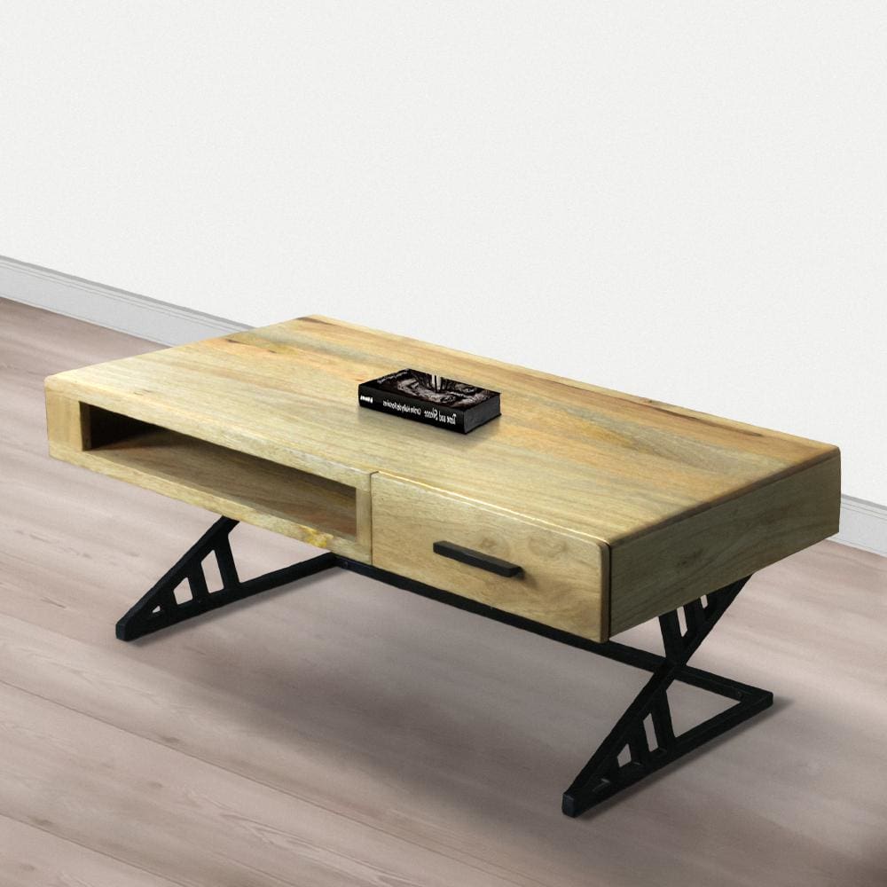 40 Inch Industrial Mango Wood Coffee Table 1 Drawer Metal Frame Light Brown and Black By The Urban Port UPT-263762