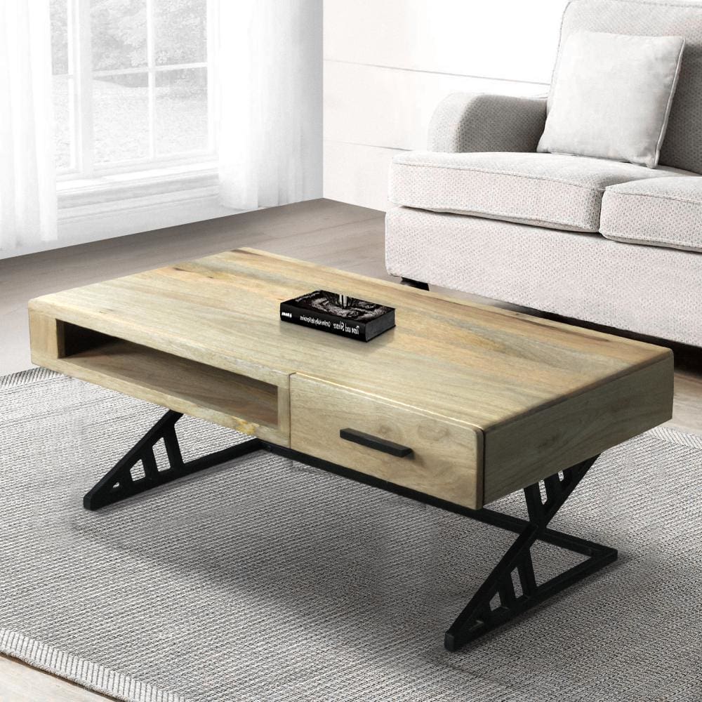 40 Inch Industrial Mango Wood Coffee Table, 1 Drawer, Metal Frame, Light Brown and Black By The Urban Port