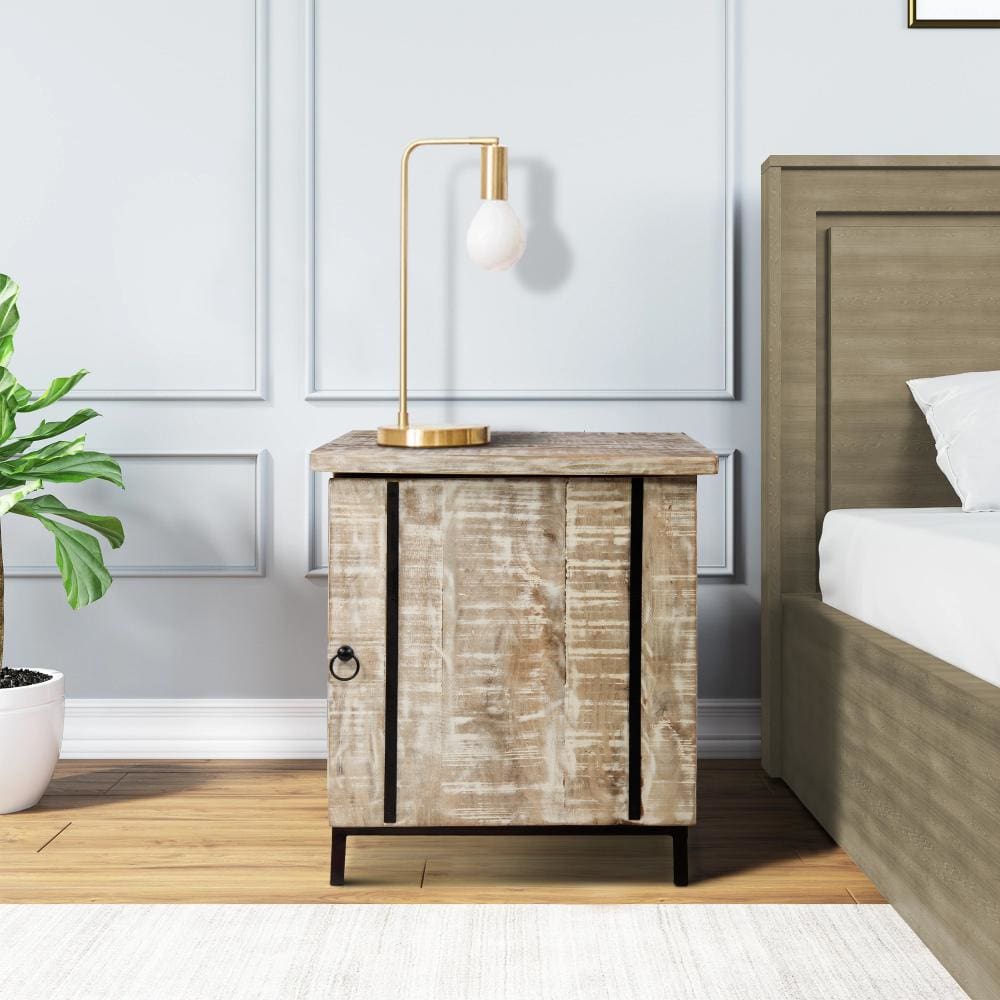 Wooden Bedside Table with 1 Door and Metal Frame Antique White and Black By The Urban Port UPT-263777