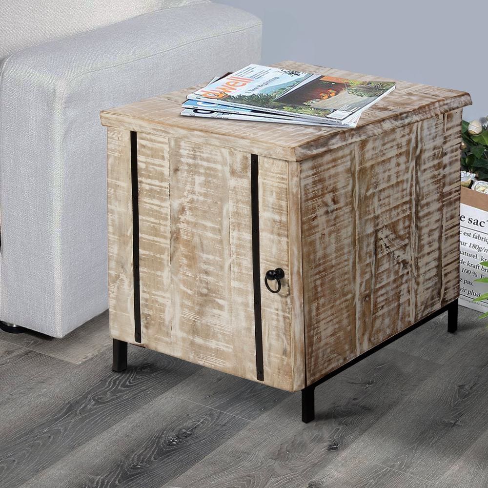 Wooden Bedside Table with 1 Door and Metal Frame, Antique White and Black By The Urban Port