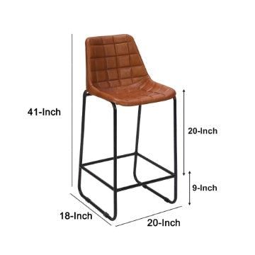 29 Inch Bar Height Chair Square Tufted Genuine Leather Seat Metal Frame Tan Brown Black By The Urban Port UPT-263781