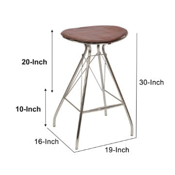30 Inch Metal Frame Bar Stool Round Genuine Leather Seat Dark Brown Silver By The Urban Port UPT-263788