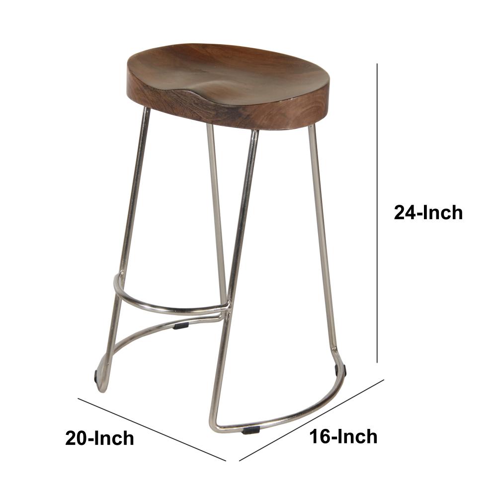 Farmhouse Counter Height Barstool with Wooden Saddle Seat and Tubular Frame Small Brown and Silver By The Urban Port UPT-263790
