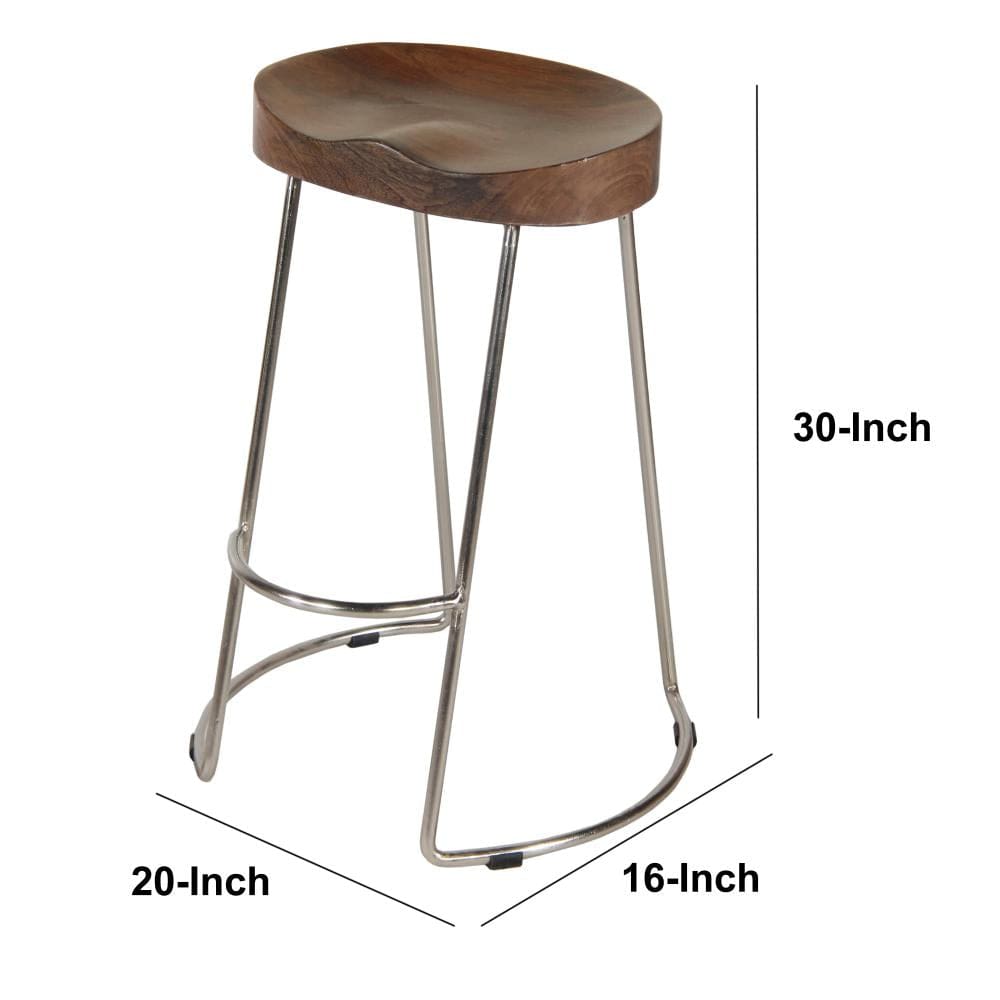 Farmhouse Counter Height Barstool with Wooden Saddle Seat and Tubular Frame Large Brown and Silver By The Urban Port UPT-263791