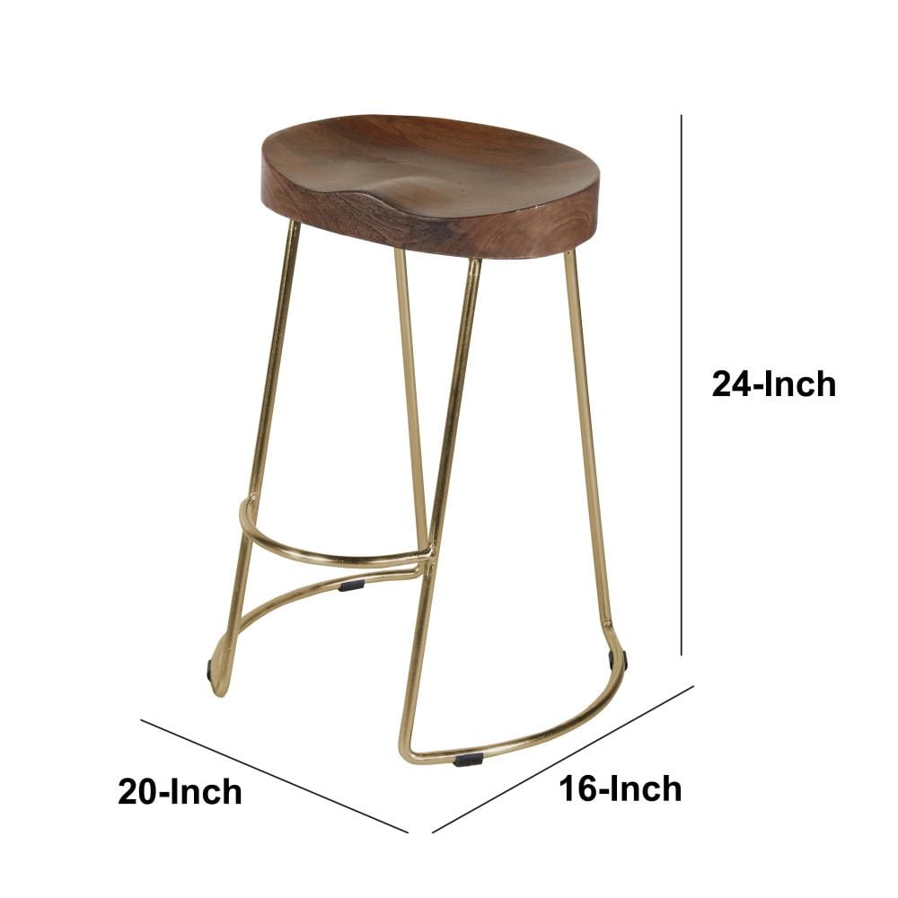 Farmhouse Counter Height Barstool with Wooden Saddle Seat and Tubular Frame Small Brown and Gold By The Urban Port UPT-263792