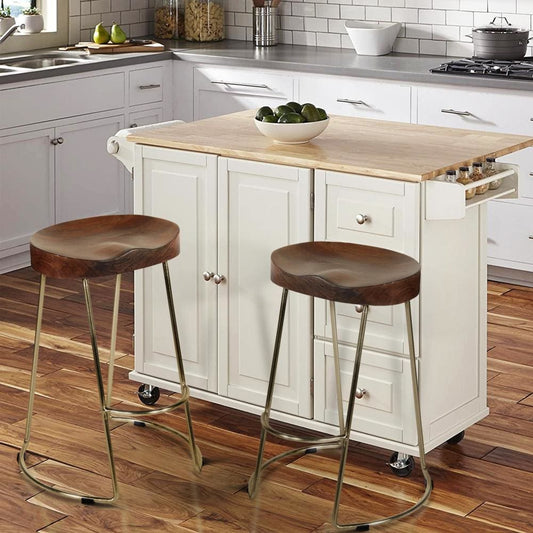 Farmhouse Counter Height Barstool with Wooden Saddle Seat and Tubular Frame, Small, Brown and Gold By The Urban Port