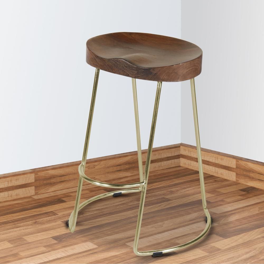 Farmhouse Counter Height Barstool with Wooden Saddle Seat and Tubular Frame Large Brown and Gold By The Urban Port UPT-263793