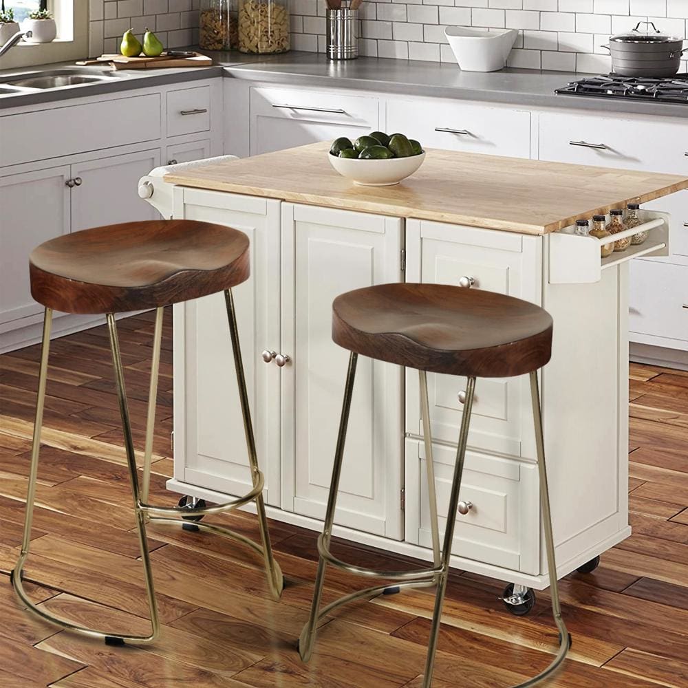Ela 30 Inch Bar Stool with Mango Wood Saddle Seat, Iron Frame, Brown and Gold By The Urban Port