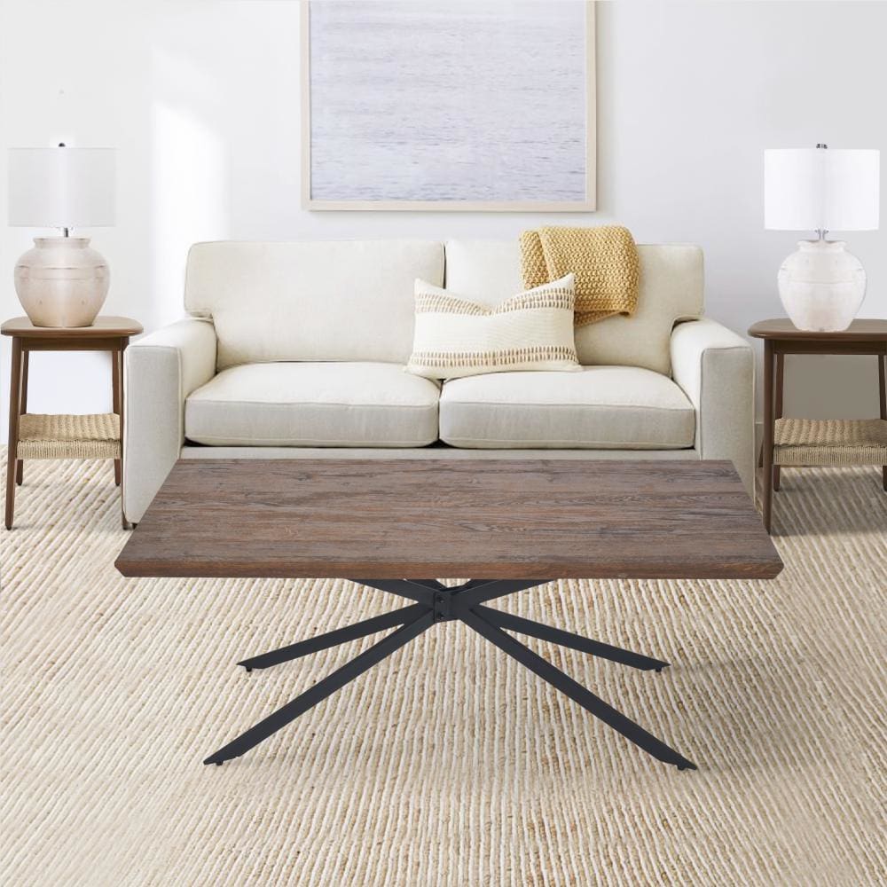 Rectangular Wooden Coffee Table with Boomerang Legs, Natural Brown Sonoma and Black By The Urban Port