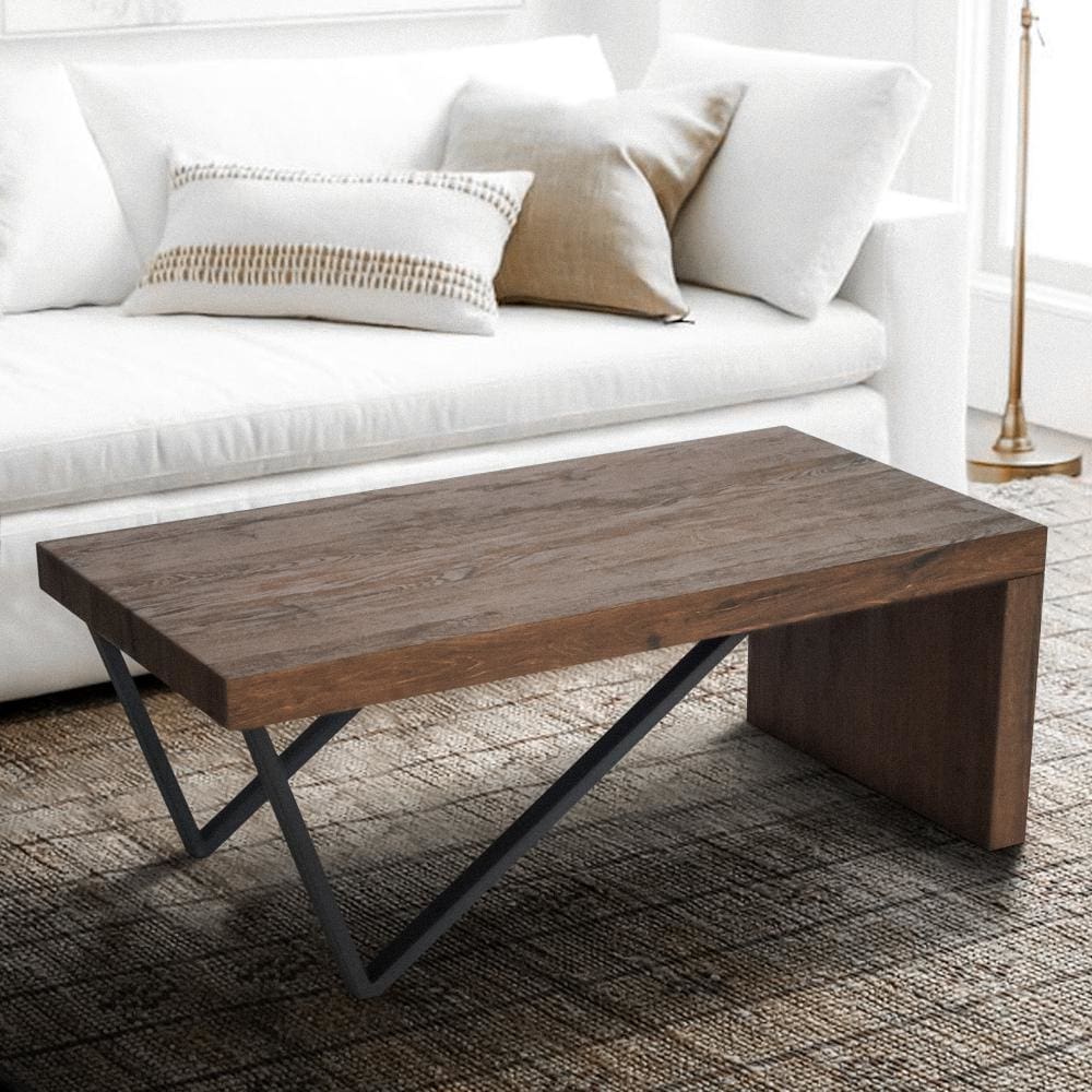 Rectangular Wooden Coffee Table with V Shape Legs Natural Brown Sonoma and Black By The Urban Port UPT-266258