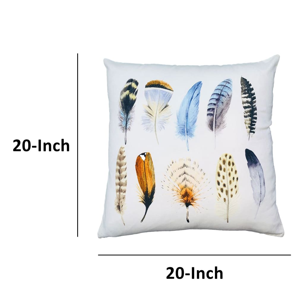 20 x 20 Modern Square Cotton Accent Throw Pillow Printed Feather Patterned Design White Multicolor By The Urban Port UPT-266361
