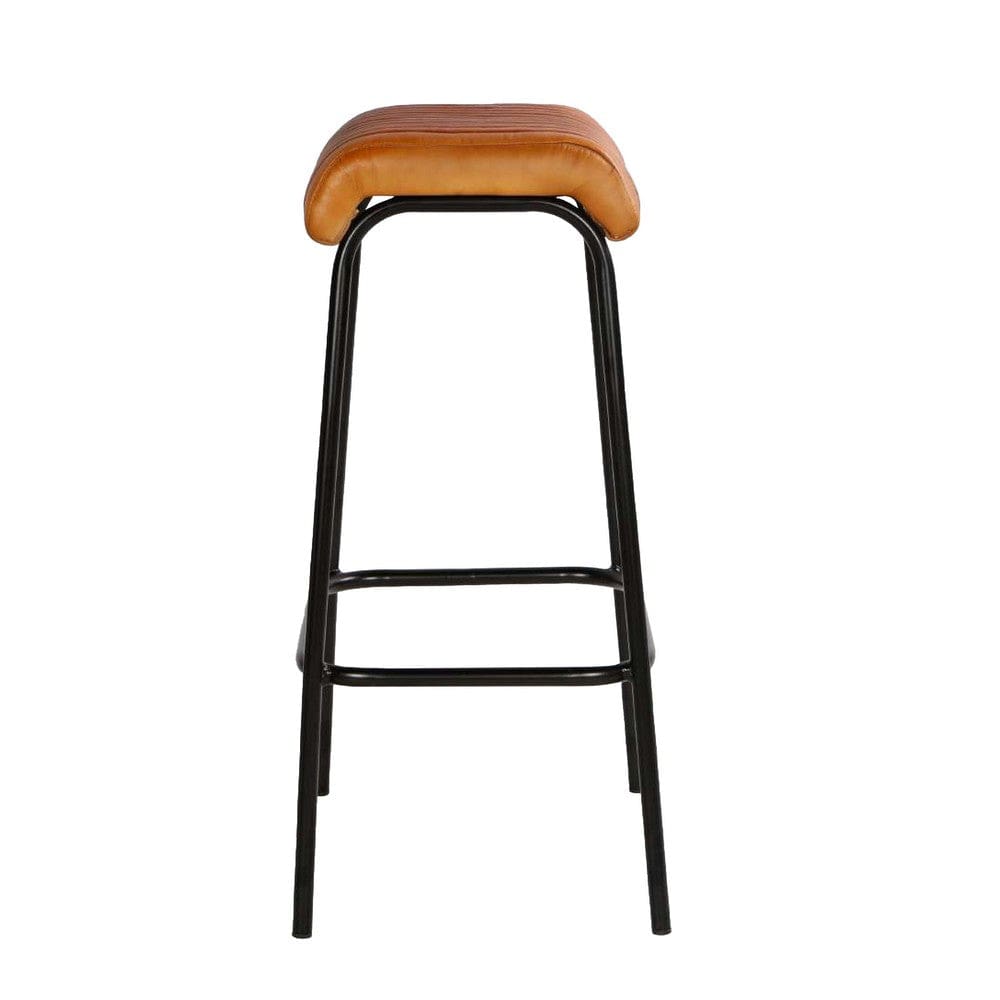 31 Inch Modern Bar Stool Genuine Leather Seat Iron Frame Channel Stitched Tan Brown Black By The Urban Port UPT-266367