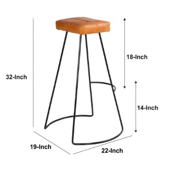 32 Inch Modern Bar Stool Genuine Leather Seat Metal Frame Button Tufted Tan Brown Black By The Urban Port UPT-266370