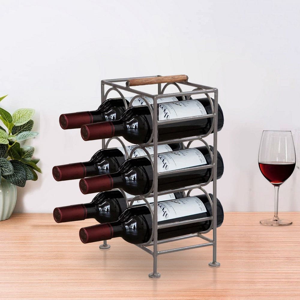 17 Inch Industrial Wine Rack Holder, Rectangular Iron Frame, 6 Bottle Storage, Gunmetal Gray By The Urban Port