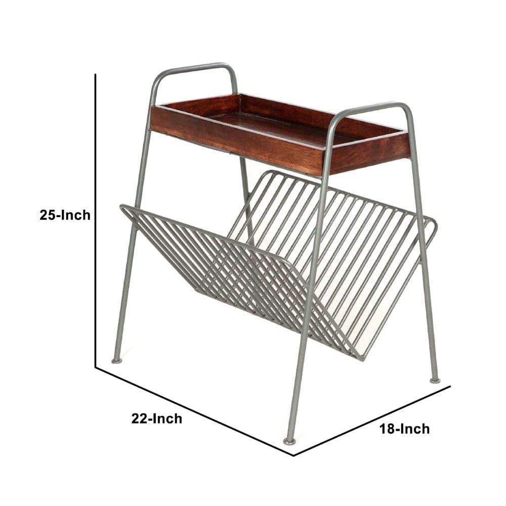 25 Inch Rectangular Metal Frame Side Table Magazine Rack Mango Wood Tray Top Brown Pewter Gray By The Urban Port UPT-266374