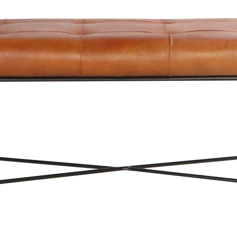 39 Inch Rectangular Accent Bench Genuine Leather Seating Tufted Tan Brown Black By The Urban Port UPT-266375